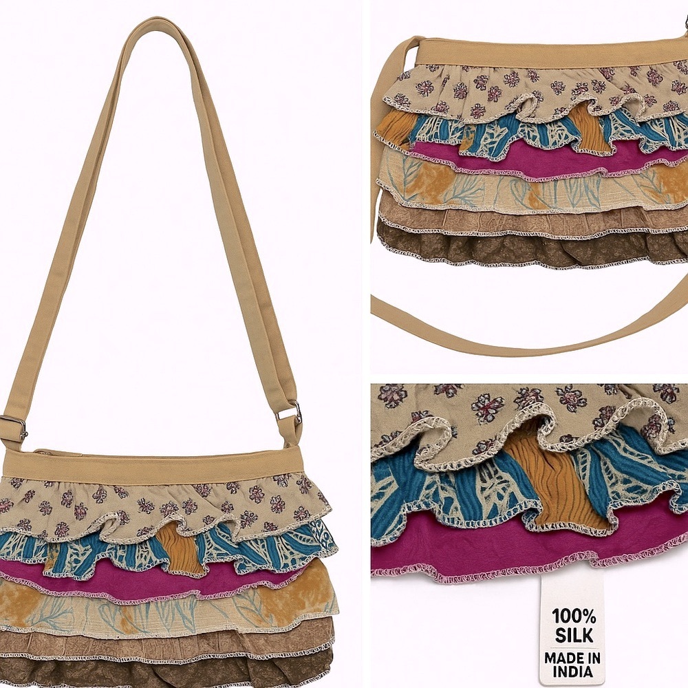 Boho Sari Silk Ruffle Bag | Handmade India | Patchwork Crossbody Purse